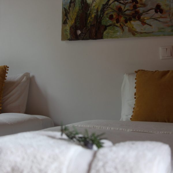 Enquadramento de duas camas individuais com almofadas mostarda, sob uma pintura colorida de aves. A luz suave e a decoração natural criam um ambiente sereno e acolhedor.