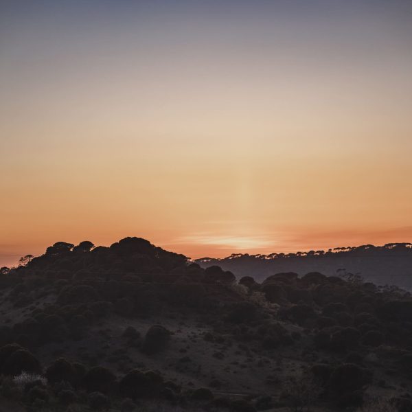 Vista panorâmica de colinas cobertas por vegetação ao entardecer, com o céu tingido de tons laranja e roxo, criando um ambiente sereno e contemplativo.