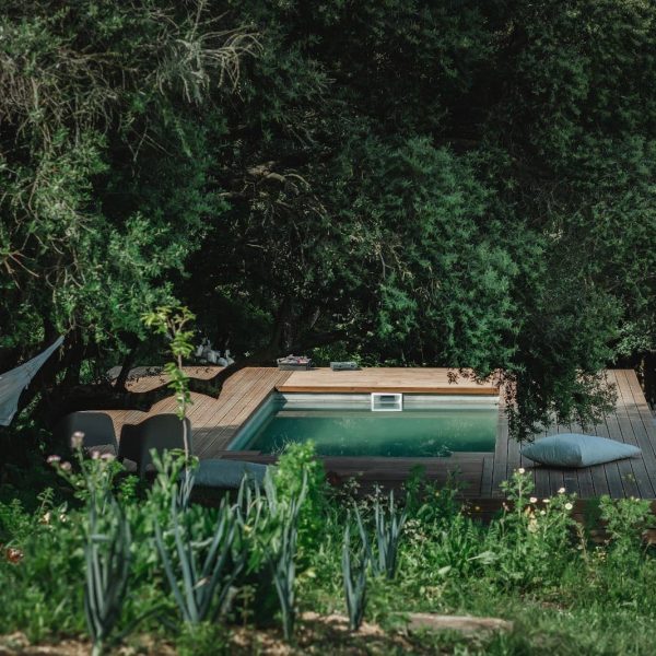 Piscina natural rodeada por vegetação densa e hortas, com deck de madeira, redes e almofadas, criando um espaço de relaxamento integrado na natureza.