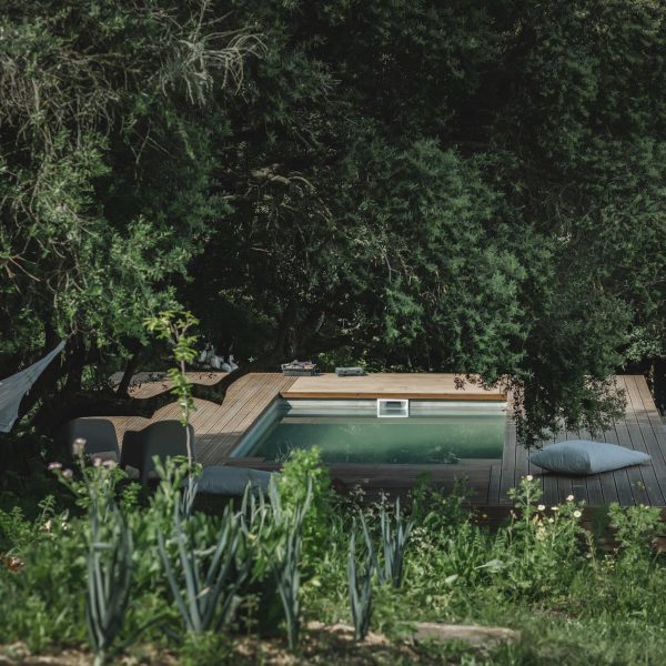 Piscina natural rodeada por vegetação densa, com espreguiçadeiras de madeira e almofadas ao redor, criando um ambiente de descanso no meio da natureza.